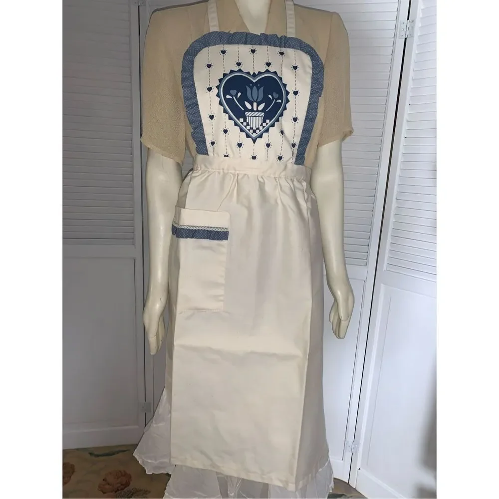 NWOT Vintage‎ Full Apron Blue Country Kitchen Blue Hearts Adult Size
